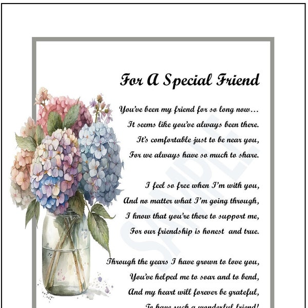 Poem Print Verse For A Special Friend, DIGITAL DOWNLOAD, Best Friend Poem Gift, Friendship Gift Present, Friend 30th 40th 50th Birthday Gift