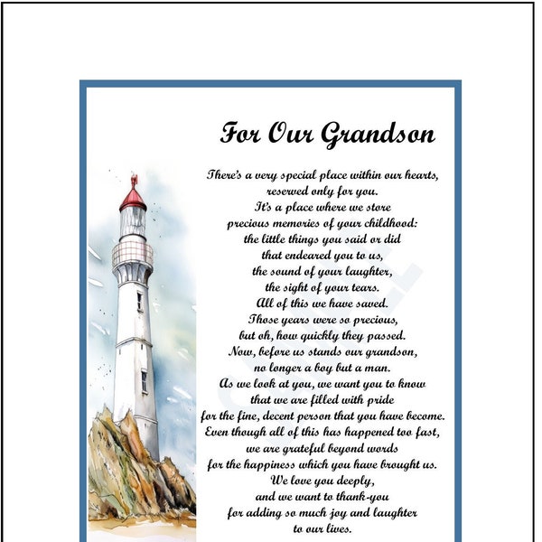 Poem Print Verse For Our Grandson, DIGITAL DOWNLOAD, Grandson Graduation, Grandson's 18th 21st 30th birthday, Gift For A Special Grandson,