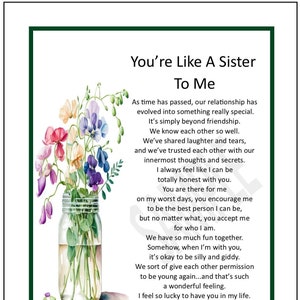 Como una hermana para mí, Impresión de amistad, Regalo para mi mejor amiga, DESCARGA DIGITAL, Cumpleaños 30, 40, 50 de mi mejor amiga, Poema para mi mejor amiga,