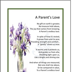 Pode incluir: Uma pintura em aquarela de íris roxas em um vaso de vidro transparente. A pintura é acompanhada por um poema sobre o amor de um pai. O poema diz: "O amor de um pai. Nenhum presente na terra é maior, Nenhum tesouro é mantido acima, A alegria que vem de saber, O amor infinito de um pai. Apesar dos testes, Ele cresce ano após ano, Fornecendo força e conforto... Ele "gentilmente" nos atrai. Ele nos aquece e nos protege, E nos guia de longe, Derramando luz sobre nós, Como uma estrela brilhante e brilhante. E quando tudo é medido, Nada pode superar, Ou ser comparado em valor, Ao amor infinito de um pai!"