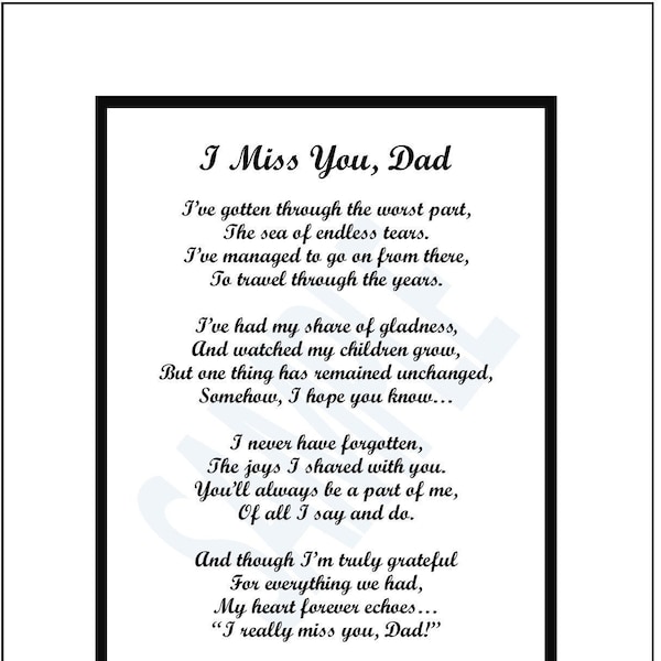 Loss of Father, DIGITAL DOWNLOAD, I Miss You, Dad, I Miss My Father, Father Memorial Poem, Dad Memorial Poem, Dad Bereavement Poem Print,