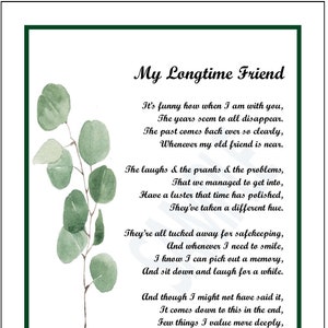 Longtime Friend Poem Gift,  DIGITAL DOWNLOAD, Friend Poem Gift Print Verse, Friend Print, Friend&#39;s Birthday, Best Friends, Friendship Gifts