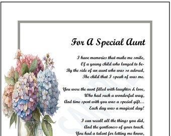 Poem Print Verse For A Special Aunt, DIGITAL DOWNLOAD, Aunt's 60th 65th 70th 75th 80th 90th  Birthday, Aunt Thank You Appreciation Present,