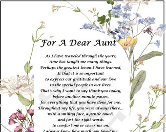 For A Dear Aunt, DIGITAL DOWNLOAD, Aunt Poem, Aunt Gift, Aunt Present, Aunt Verse, Aunt Print, Aunt's 60th 70th 80th 90th Birthday