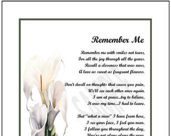 Remember Me, Loss of  Mother Father Son Daughter, UNFRAMED DIGITAL DOWNLOAD, Bereavement Sympathy Remembrance Poem Verse, Son Memorial Poem,