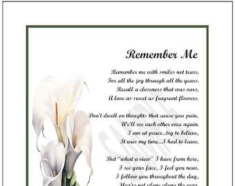 Remember Me, Loss of  Mother Father Son Daughter, UNFRAMED DIGITAL DOWNLOAD, Bereavement Sympathy Remembrance Poem Verse, Son Memorial Poem,