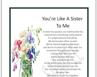 Wie eine Schwester für mich, Freundschaft Druck, Geschenk für meine beste Freundin, DIGITALER DOWNLOAD, Geburtstags-Geburtstag des besten Freundes, Gedicht für beste Freundin,