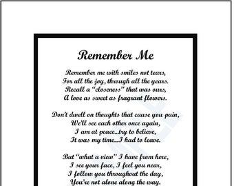 Memorial Poem, DIGITAL DOWNLOAD, Remember Me, Memorial Gift, Loss of  Husband, Loss of  Wife, Loss of  Mother, Loss of  Father, In Memory of