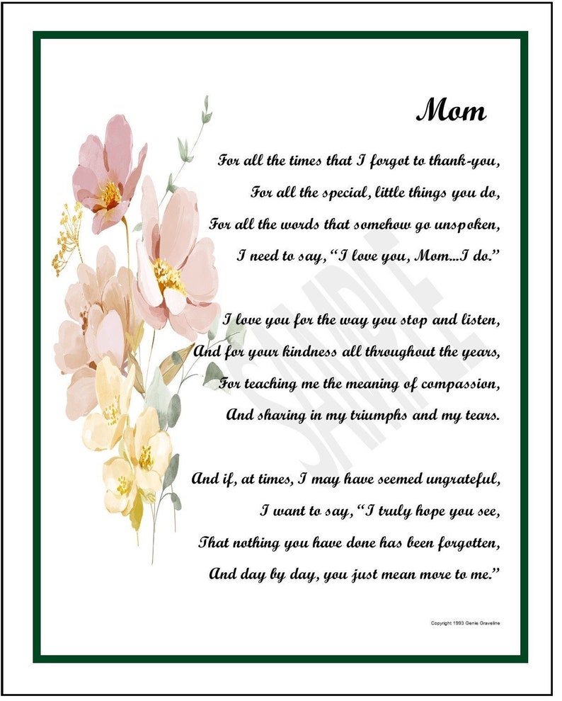 Mom Appreciation Poem DIGITAL DOWNLOAD Mom Gift Verse Print - Etsy Israel