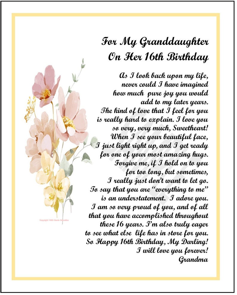 My Granddaughter Poem, DIGITAL DOWNLOAD, Granddaughter Gift for 16th ...