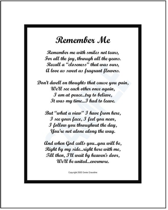 Memorial Poem, DIGITAL DOWNLOAD, Remember Me, Memorial Gift, Loss.