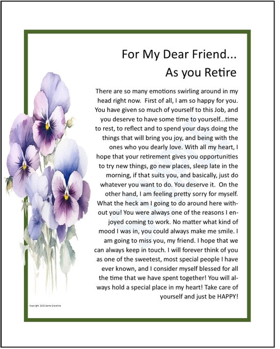 Retirement Poem Gift For Friend, DIGITAL DOWNLOAD, Retirement Present For Friend, Retirement Print Verse Present Saying For Friend Coworker,