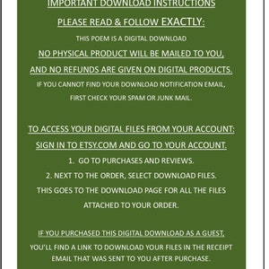Puede incluir: Fondo verde con texto blanco que describe las instrucciones importantes para descargar productos digitales comprados en Etsy. El texto explica c&oacute;mo acceder a los archivos digitales desde tu cuenta de Etsy y c&oacute;mo descargar los archivos si compraste como invitado.