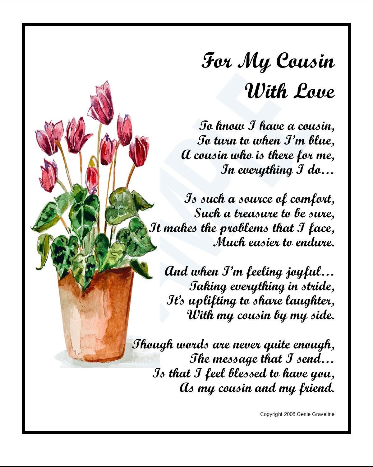 Cousin Poemunframed DIGITAL DOWNLOAD Cousin Present, Cousin Gift