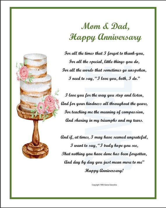 Genie's Poems Mom and Dad Poem Print Saying Gift, Thank You Mom Dad, Mom  Dad Appreciation, Gift Present Poem For Parents Anniversary