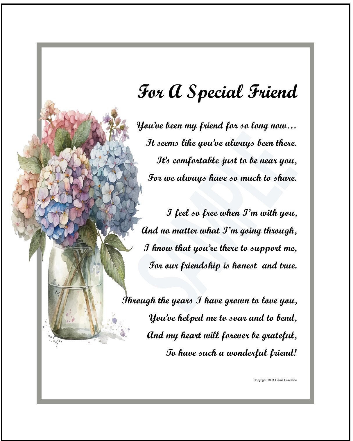 Poem Print Verse For A Special Friend, DIGITAL DOWNLOAD, Best Friend Poem Gift, Friendship Gift Present, Friend 30th 40th 50th Birthday Gift