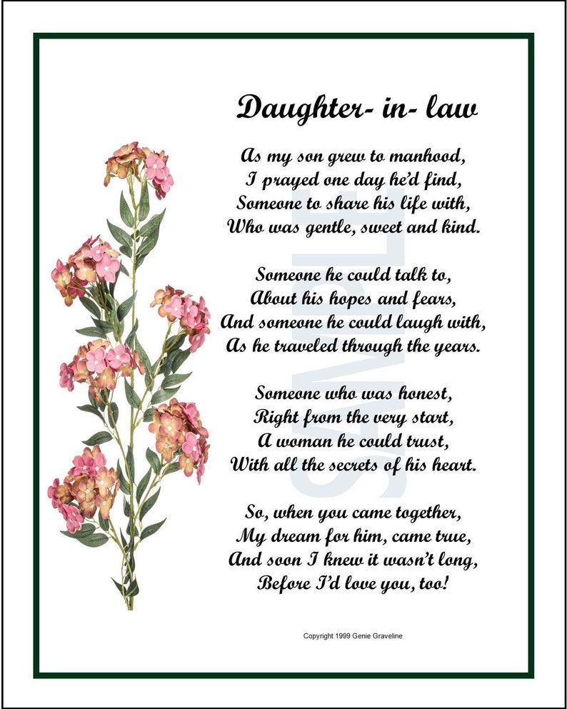 My Daughter in Law Poem DIGITAL DOWNLOAD Daughter in Law Etsy UK