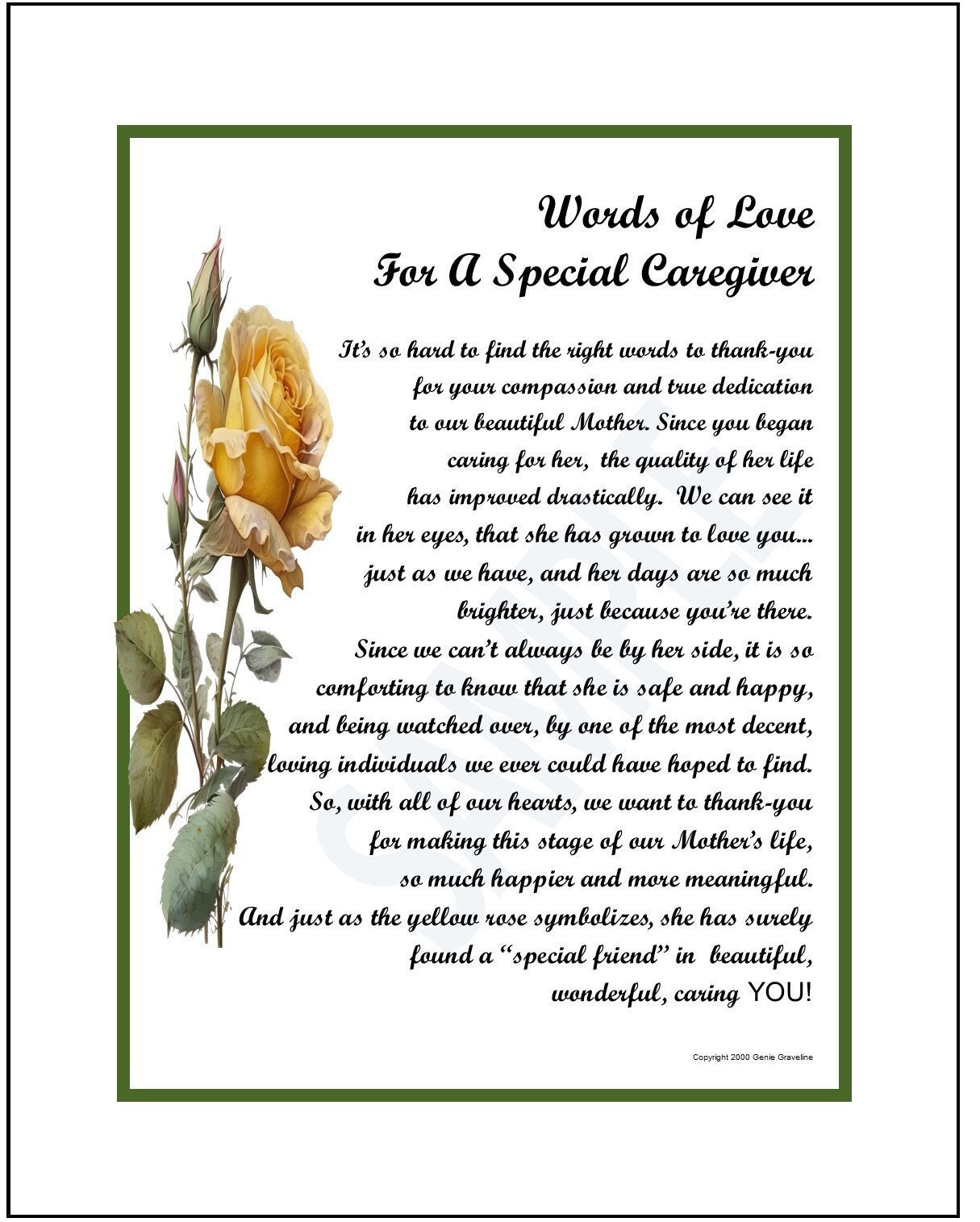 Caregiver Poem Print Verse Thank-you Appreciation, Mother's Caregiver ...