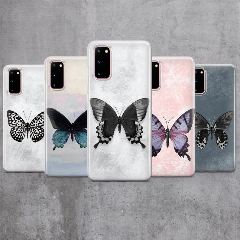 May include: Five different phone cases with butterfly designs. The cases are all clear and have a textured background. The butterflies are all different colors and patterns.