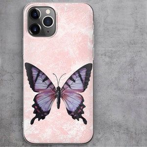 May include: A pink phone case with a white marble design and a purple butterfly in the center.