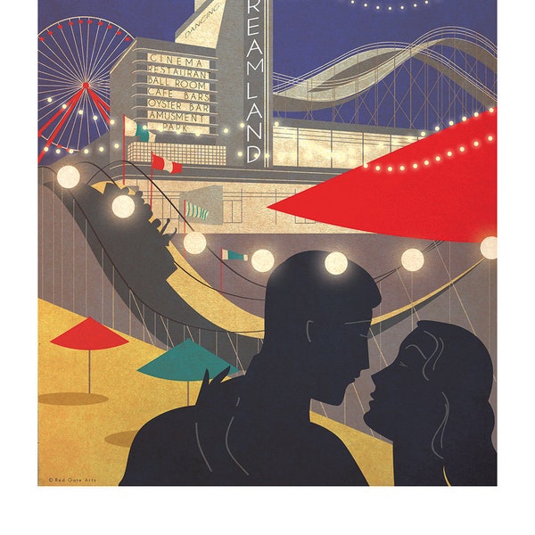 Margate Dreamland Kent Art Deco design, Poster, Print, Fairground, Romantic Couple, Seaside, picture, vogue, Bauhaus, original, A3 A2 A1