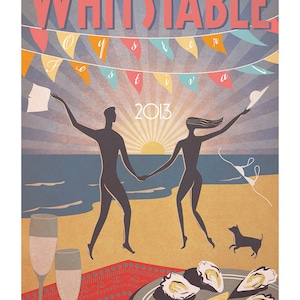 Whitstable Oyster Festival 2013, Art Deco design, Naked Couple, skinny dipping, Vintage, 50&#39;s Print, Poster, sea, nautical, Retro, Sunburst