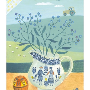 Vergessen Sie mich nicht Krug Kunstdruck, englische Landschaft, Scandi, Folk, Landwirtschaft, Traktor, Poster, Illustration, Aquarell Malerei, Design, A4, A3