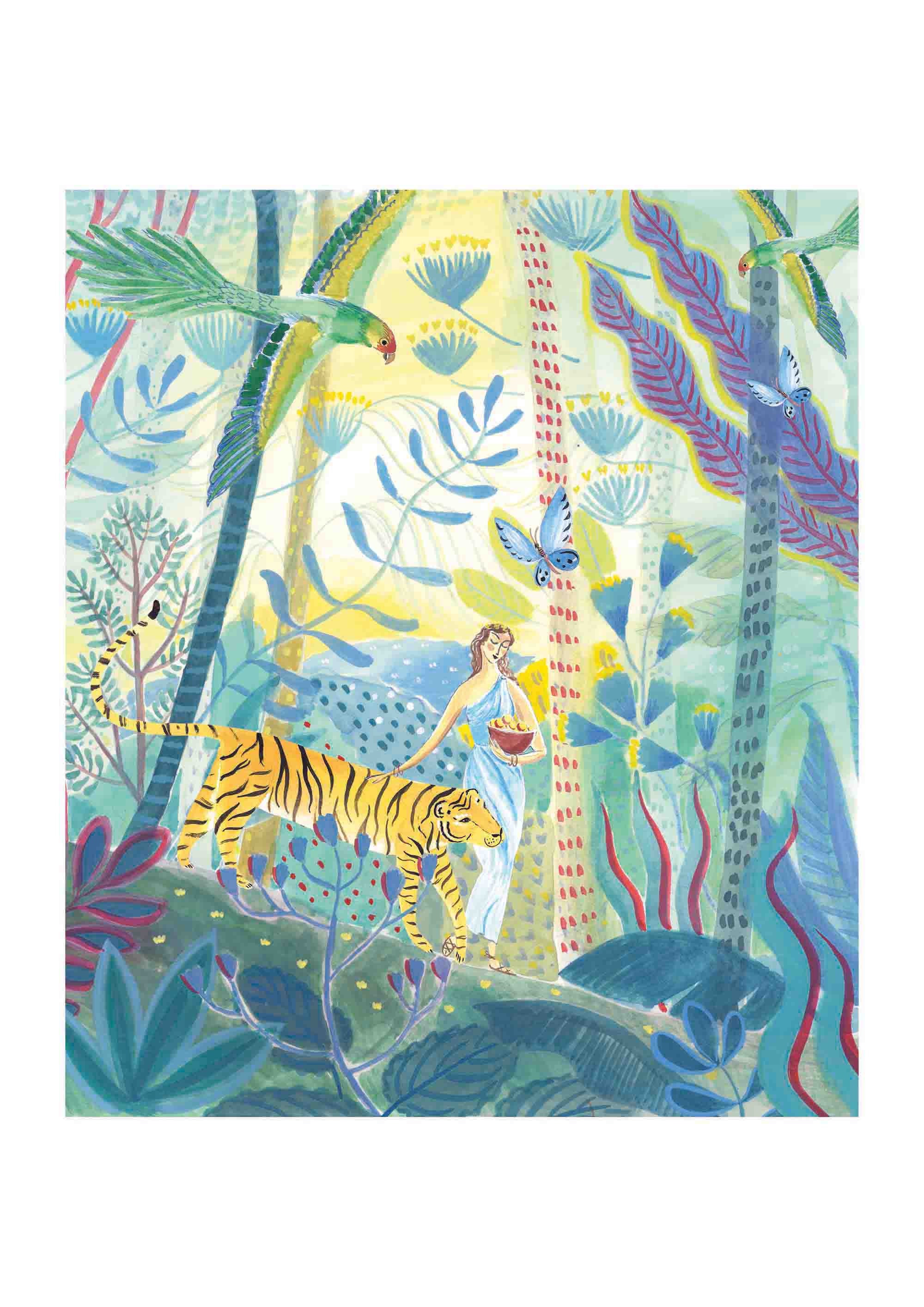 Tropical Forest Art Print, Watercolour, Tiger, Grecian Lady