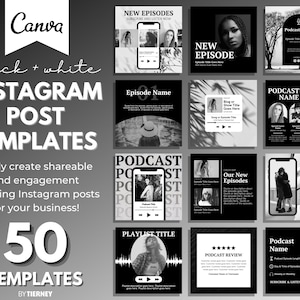 50 Black & White Instagram Post Templates for Canva | IG Template Bundle | Greyscale Social Media Templates | Podcast Marketing Templates