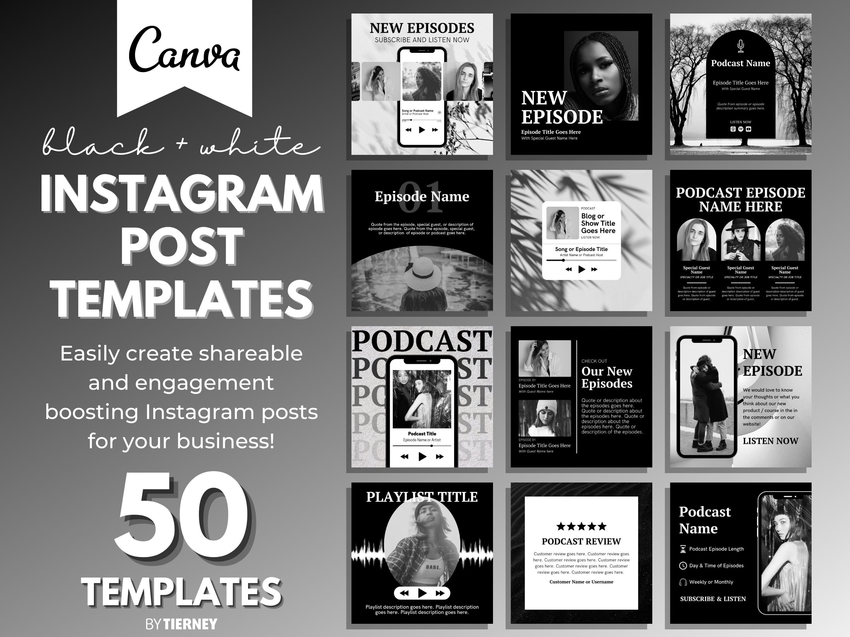 50 Black & White Instagram Post Templates for Canva IG Template Bundle