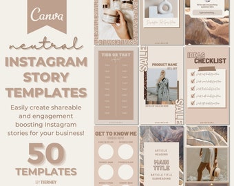 Puede incluir: Un conjunto de 50 plantillas de historias de Instagram en tonos neutros para empresas. Las plantillas presentan varios diseños, que incluyen "Esto o aquello", "Conóceme", "Lista de verificación de ideas", "Venta" y "Encabezado de artículo".