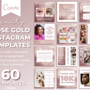 60 Rose Gold Instagram Post Templates for Canva | Marketing Branding Kit | IG Engagement Booster | Pink Social Media | Beauty Blogger Bundle
