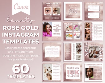 60 Rose Gold Instagram Post Templates for Canva | Marketing Branding Kit | IG Engagement Booster | Pink Social Media | Beauty Blogger Bundle