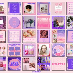 May include: A collage of 18 Instagram-style squares with a pink and purple color scheme. The squares feature various images, including flowers, cupcakes, sunglasses, and text. The text includes phrases like "Insert Quote Here", "Type Your Quote Here", "Giveaway", and "Monday Monday".