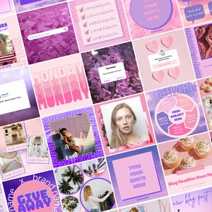 May include: A collage of 16 Instagram-style squares with a pink and purple color scheme. The squares feature various images and text, including a sale on sunglasses, a chart with ideas, a quote template, a giveaway announcement, and a new blog post.