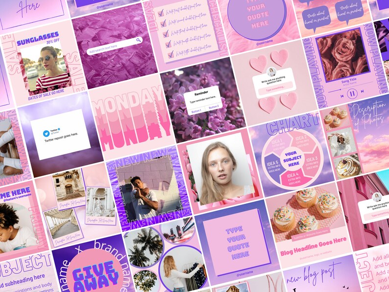 May include: A collage of 16 Instagram-style squares with a pink and purple color scheme. The squares feature various images and text, including a sale on sunglasses, a chart with ideas, a quote template, a giveaway announcement, and a new blog post.