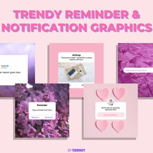 May include: A collection of six pink and purple graphic templates for social media. The templates feature a variety of designs, including a Twitter repost, a reminder, an AirDrop notification, a search bar, and a question prompt. The templates are perfect for use on Instagram, Facebook, or other social media platforms.