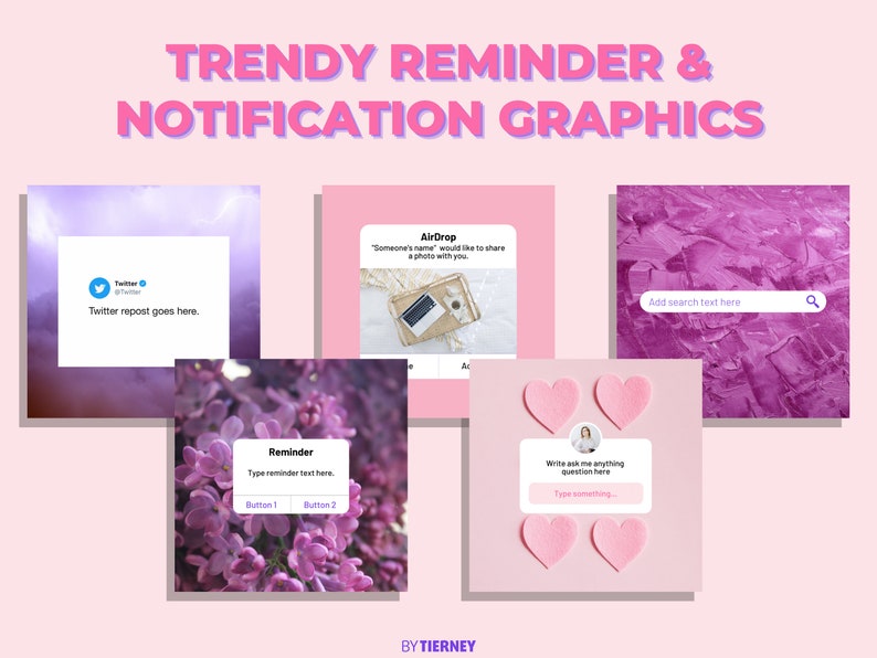 May include: A collection of six pink and purple graphic templates for social media. The templates feature a variety of designs, including a Twitter repost, a reminder, an AirDrop notification, a search bar, and a question prompt. The templates are perfect for use on Instagram, Facebook, or other social media platforms.