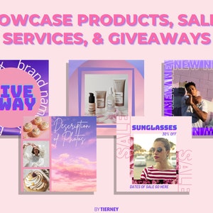May include: A collage of Instagram-style images promoting a brand's products, sales, services, and giveaways. The images feature a giveaway, sunglasses, skincare products, and a person wearing sunglasses. The text "NEW NEW NEW NEW NEW NEW NEW NEW NEW" is repeated in a purple frame.