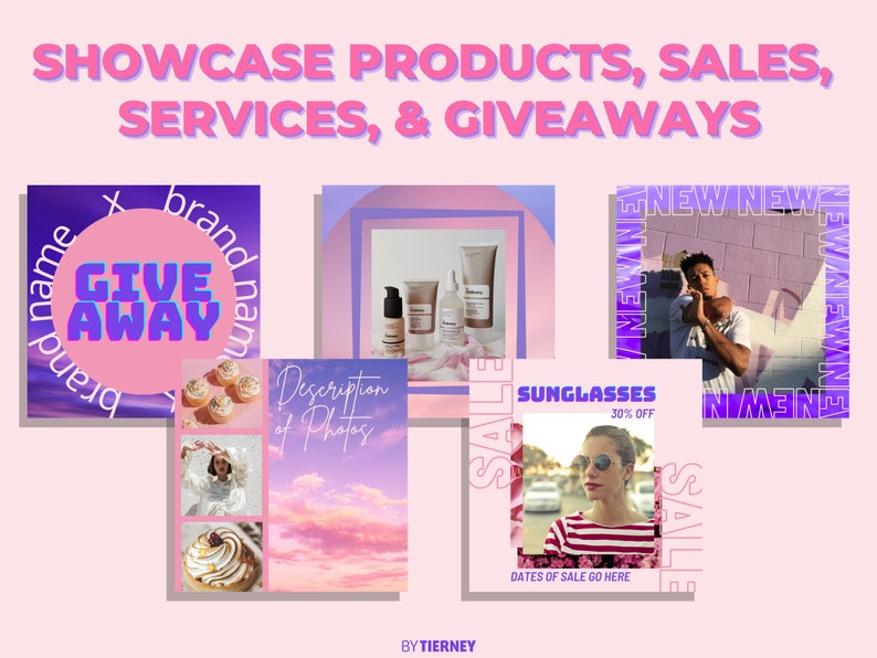 May include: A collage of Instagram-style images promoting a brand's products, sales, services, and giveaways. The images feature a giveaway, sunglasses, skincare products, and a person wearing sunglasses. The text "NEW NEW NEW NEW NEW NEW NEW NEW NEW" is repeated in a purple frame.