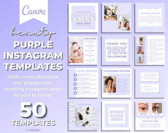50 Purple Instagram Post Templates for Canva | Marketing Branding Kit | IG Engagement Booster | Colorful Social Media | Beauty Blog Bundle