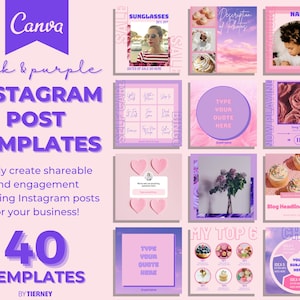 40 Pink & Purple Instagram Templates for Canva | IG Template Bundle | Colorful Social Media Templates | Marketing Templates | Instagram Post