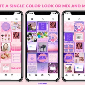 May include: Three phone screens showing a grid of 16 Instagram posts with a pink and purple color scheme. The text "CREATE A SINGLE COLOR LOOK OR MIX AND MATCH" is at the top of the image. The text "GIVEAWAY" appears on several of the posts.