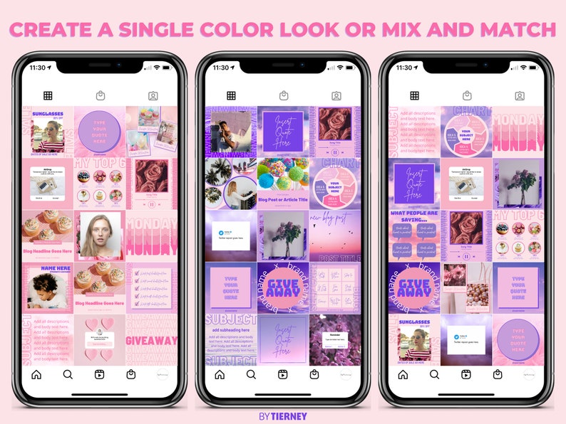 May include: Three phone screens showing a grid of 16 Instagram posts with a pink and purple color scheme. The text "CREATE A SINGLE COLOR LOOK OR MIX AND MATCH" is at the top of the image. The text "GIVEAWAY" appears on several of the posts.