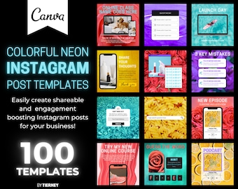 100 Instagram Engagement Booster Template Bundle for Canva | Branding Kit | Marketing Social Media Templates | Gen Z Colorful Neon IG Posts