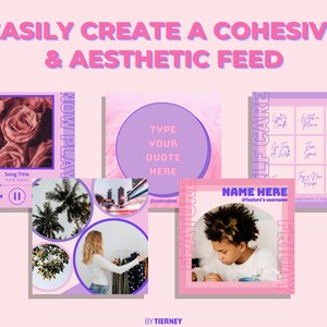 May include: A pink and purple aesthetic social media template with the text "EASILY CREATE A COHESIVE & AESTHETIC FEED" at the top. The template includes a music player, a quote box, a photo collage, and a bingo card.