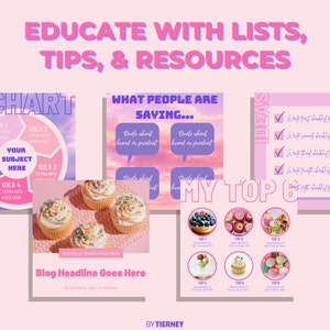 May include: A pink and purple graphic with the text "Educate with Lists, Tips, & Resources". The graphic includes a chart with five sections labeled "Idea 1", "Idea 2", "Idea 3", "Idea 4", and "Idea 5". The center of the chart says "Your Subject Here". The graphic also includes a checklist with five checkboxes and the text "My Top 6 Ideas".