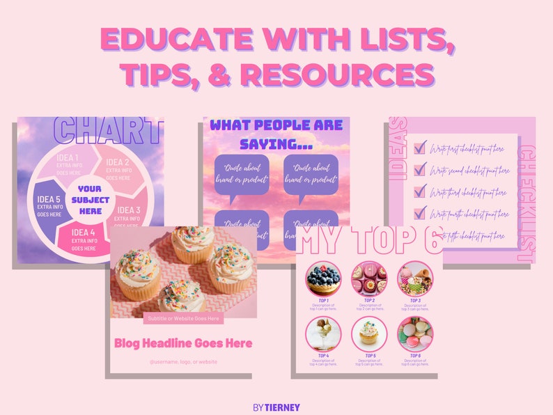 May include: A pink and purple graphic with the text "Educate with Lists, Tips, & Resources". The graphic includes a chart with five sections labeled "Idea 1", "Idea 2", "Idea 3", "Idea 4", and "Idea 5". The center of the chart says "Your Subject Here". The graphic also includes a checklist with five checkboxes and the text "My Top 6 Ideas".