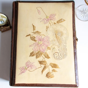 Antique French Photo Album Leather book spine, gilded and on a lock, Art Nouveau Photo Album