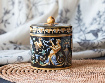 Pot a tabac 1865-1900 Renaissance Bleu epoch, Gargoyles, mermen and fruits, small ceramic container Antique from Paris France cracks Vintage